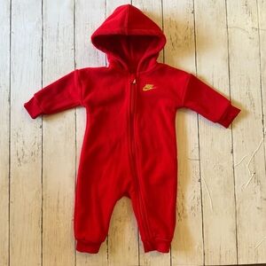 Nike 6M Baby Red Fleece Hooded Zip One Piece Romper Swoosh EUC